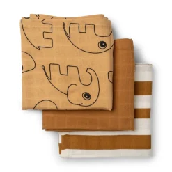 Outlet Burp cloth 3 - pack - GOTS - Deer friends Mustard Stofbleer