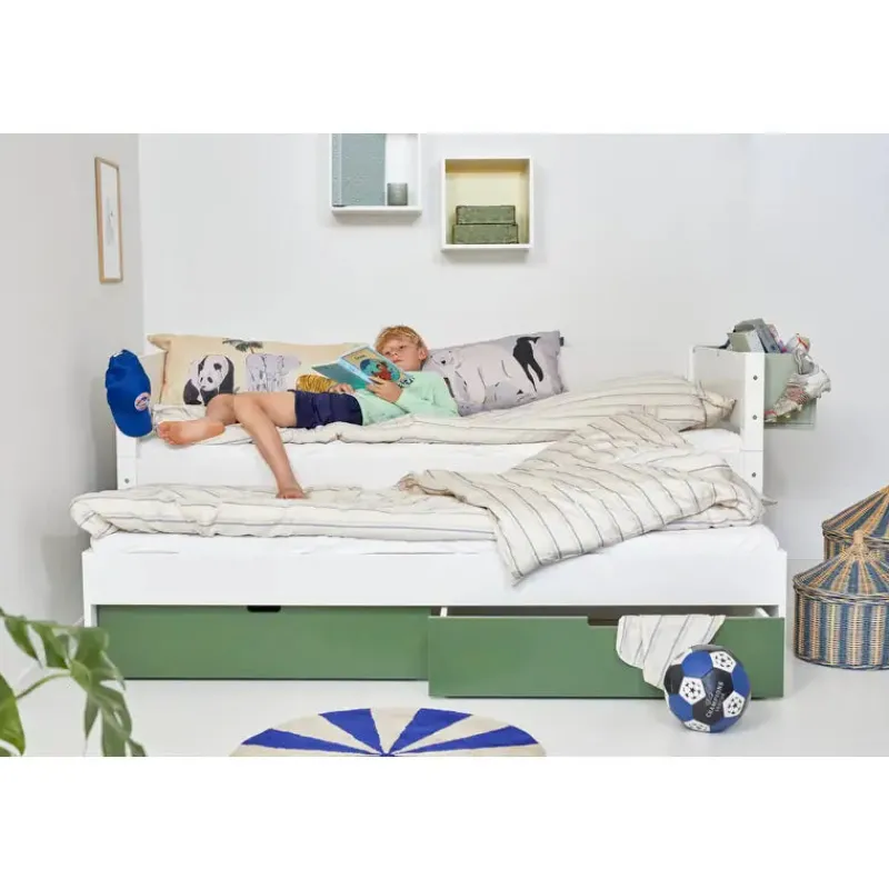 New Enkeltseng Luna med skuffer i Dark Green og udtræksseng Børn Børnemøbler|Juniorsenge
