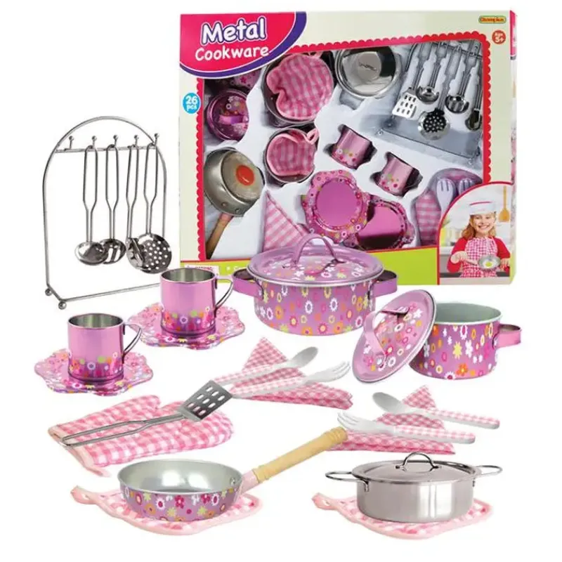 Outlet køkkensæt i metal 26 dele lyserød Aktivitetslegetøj